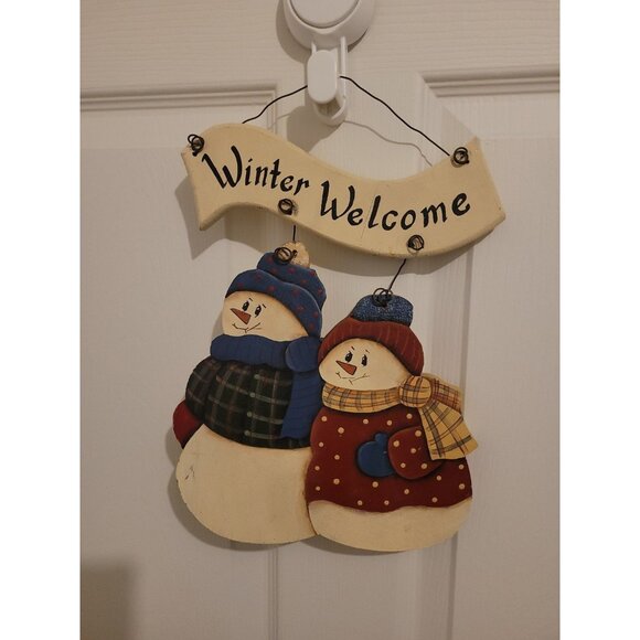 Vintage Wooden Hand Painted Winter Welcome Mr. & Mrs. Snowman Wall Door Hanging - Picture 1 of 9